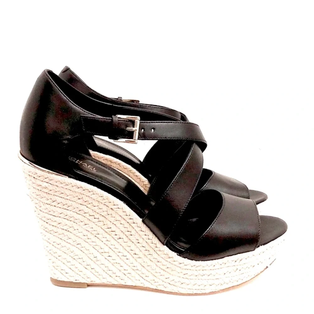 NEW Michael Kors Leather Wedge Sandals Espadrilles Black, Size 9.5 Retail $139 - Picture 1 of 13